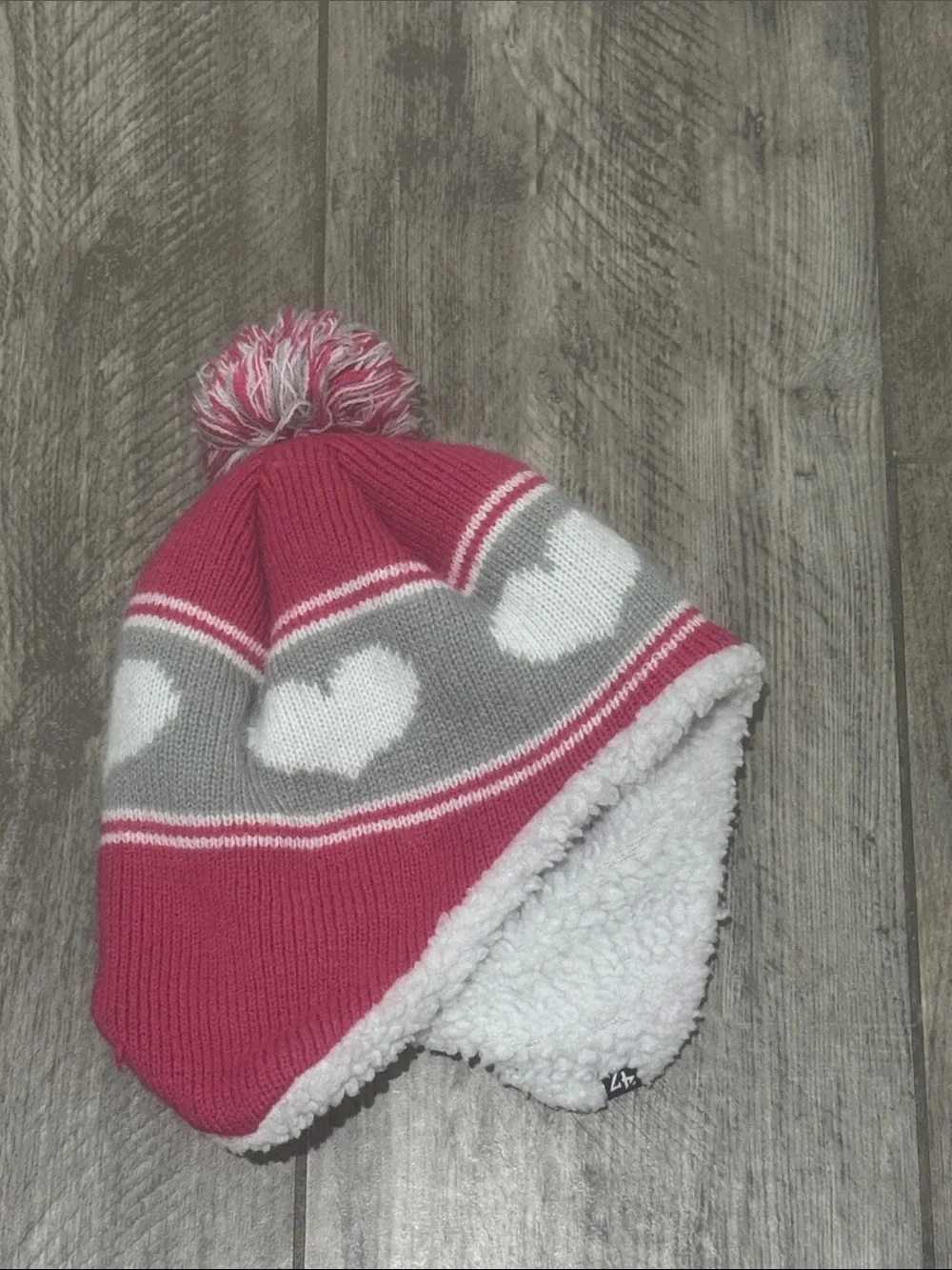 Raiders NFL Pink and Gray Heart Earflap Beanie with Pom Pom